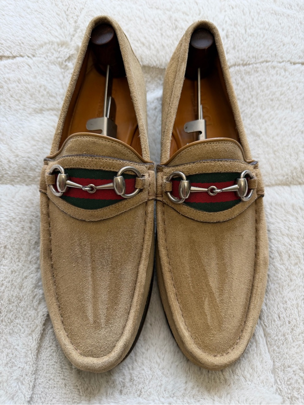 $1,090 Gucci Tan Suede Horsebit Loafers with Green-Red Web 8 9
